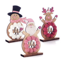 Soporte de Madera para Navidad - Reno, Papá Noel y muñeco de Nieve rosa